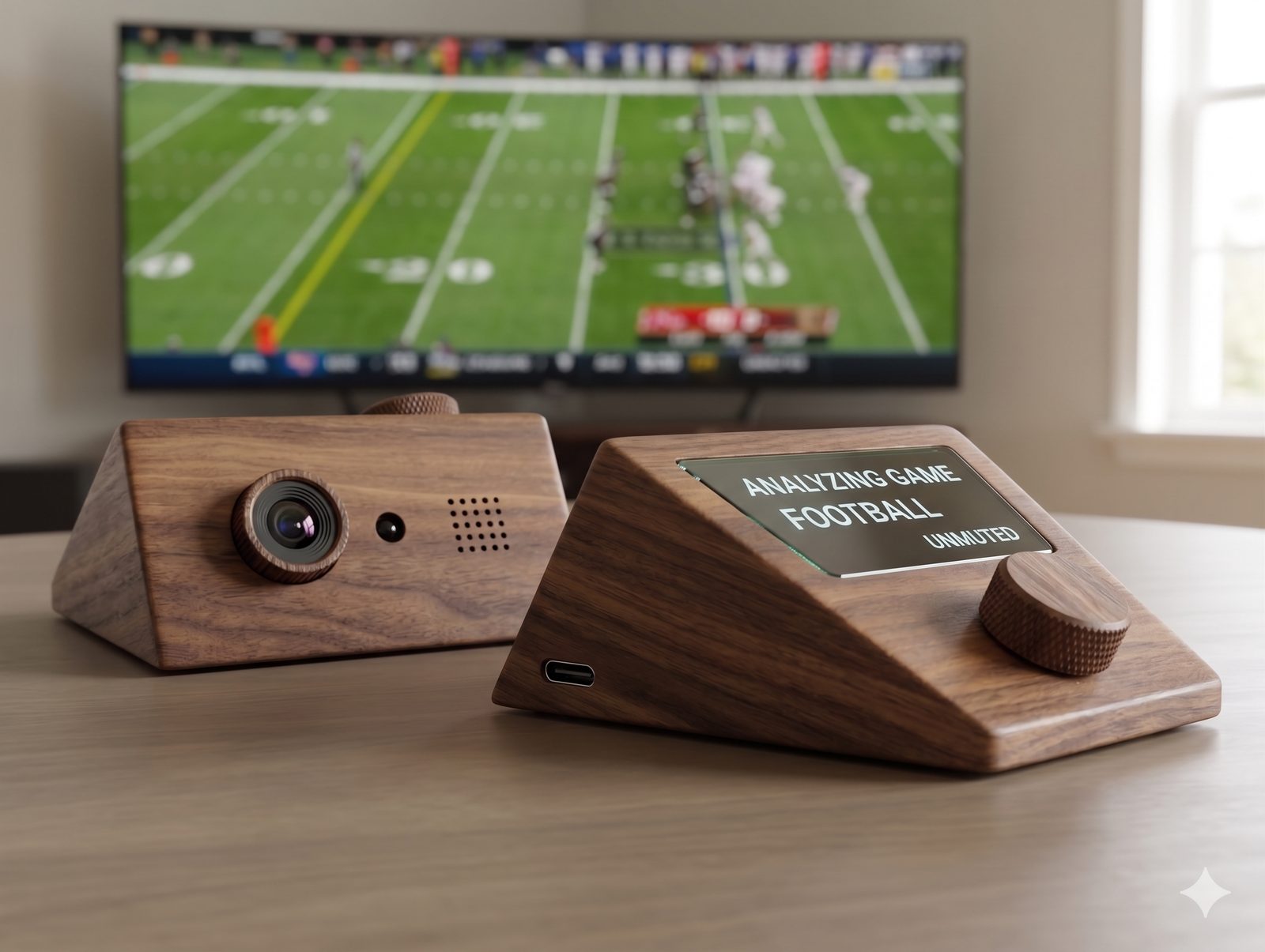 AdalogHole walnut device on a coffee table facing a TV playing football